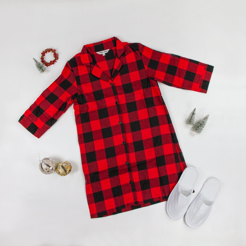 Black and Red Night Shirt, Red Plaid Night Shirt, Custom Plaid Flannel Shirt, Personalized Plaid Night Shirt, Custom Plaid Night Shirt Gifts