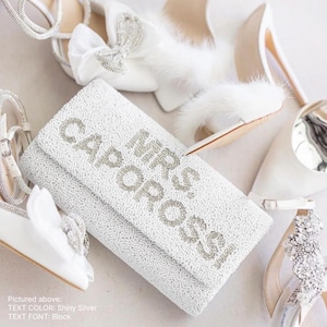 Custom Mrs. Clutch Bag, Custom Bride Clutch Bag, Custom Wedding Clutch, Mrs Clutch Bag, Seed Bead Clutch Bag, Custom Beaded Clutch Bag - Fog