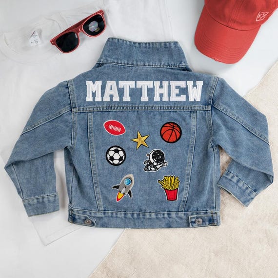 Blue Kids Jersey Letter Patch Denim Jacket Kid s Denim Jacket Custom Kids Jean Jacket With Patches Custom Letter Patch Denim Jacket Gift Etsy UK