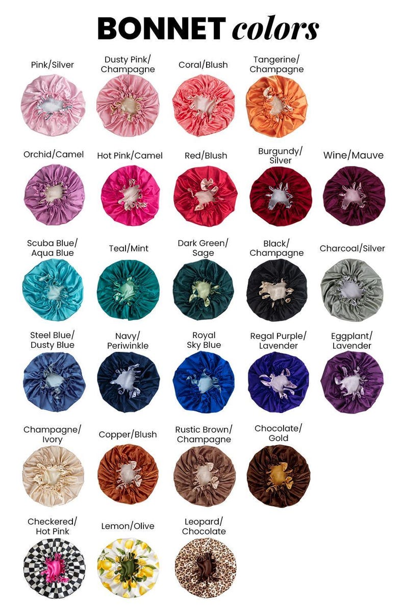 a collection of 24 different colors of bonnet, each with a unique name and description, arranged in a grid format.