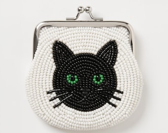 Personalized Pet Portrait Beaded Coin Purse with Name, Custom Cat Face Pouch Kiss Lock Wallet, Hand Beaded Pet Lover Gift