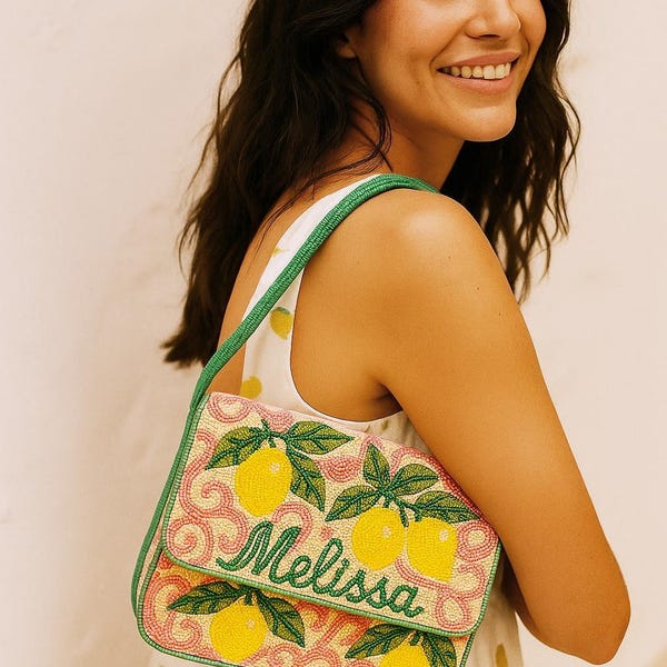 Bolso de hombro con diseño de limón, monedero con cuentas de cítricos, bolsos de mano con diseño de frutas, bolso de verano con cuentas, bolso de estilo tropical, bolsos amarillos con cuentas, bolsos hechos a mano