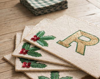 Personalized Beaded Christmas Placemat With Monogram, Custom Initial Holiday Table Setting, Hand Beaded Charger Mat for Winter Table