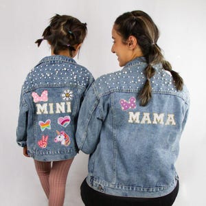 Blue Pearl Flower Girl Patch Denim Jacket, Girls Chenille Letter Patch Jean Jacket, Custom Children's Denim Jacket, Custom Patch Kids Jacket
