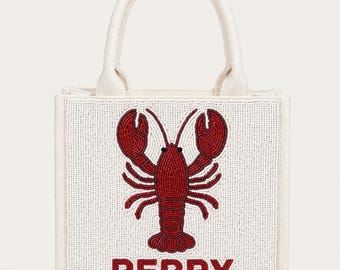 Lobster Beaded Tote, Classic Lobster Bag, Coastal Mini Tote, Nautical Tote Bag, Red Lobster Purse, Beach Style Tote, Summer Coastal Tote Bag