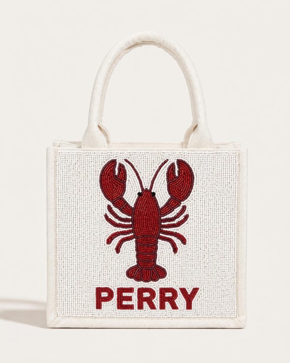 Lobster Beaded Tote, Classic Lobster Bag, Coastal Mini Tote, Nautical Tote Bag, Red Lobster Purse, Beach Style Tote, Summer Coastal Tote Bag