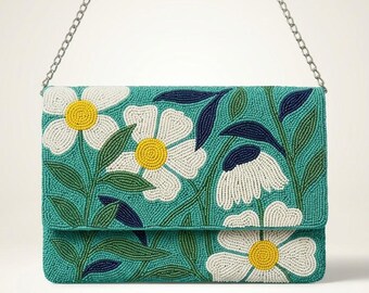 Clutch floral azul-petróleo, bolsas de verão com miçangas, bolsa personalizada com nome e miçangas, clutch de flores com miçangas feita à mão, bolsas transversais florais personalizadas (HHFC)