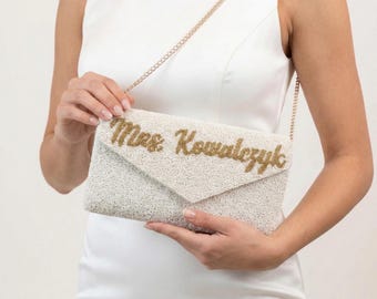 Bride Beaded Clutch, Custom Bachelorette Purse, Personalized Mrs. Last Name Clutch Bag, Bride Seed Bead Clutch Bag, Custom Clutch Bag - ENV