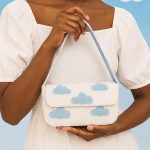 White Cloud Purse, Beaded Shoulder Bags, Blue Cloud Purse, Handmade Beaded Bag, Cloud Theme Purse, Beaded White Bags, Whimsical Cloud Purses White Bag Blue Cloud