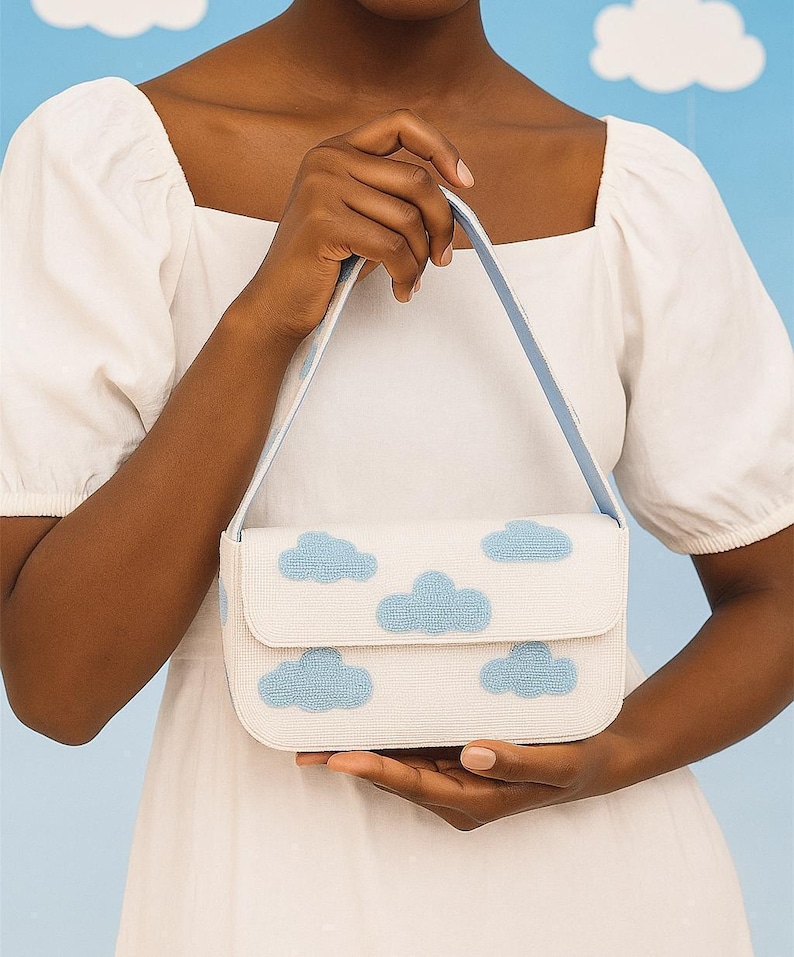 White Cloud Purse, Beaded Shoulder Bags, Blue Cloud Purse, Handmade Beaded Bag, Cloud Theme Purse, Beaded White Bags, Whimsical Cloud Purses White Bag Blue Cloud