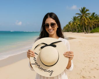 Custom Honeymooning Floppy Sun Hat, Bride Beach Hat