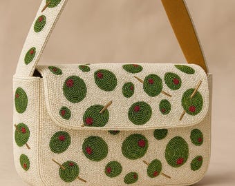 Olive Beaded Purse, Olive Bag, Green Olive Shoulder Bag, Beaded Handbag, Cocktail Purse, Evening Bag, Handcrafted Olive Shoulder Purse Gifts