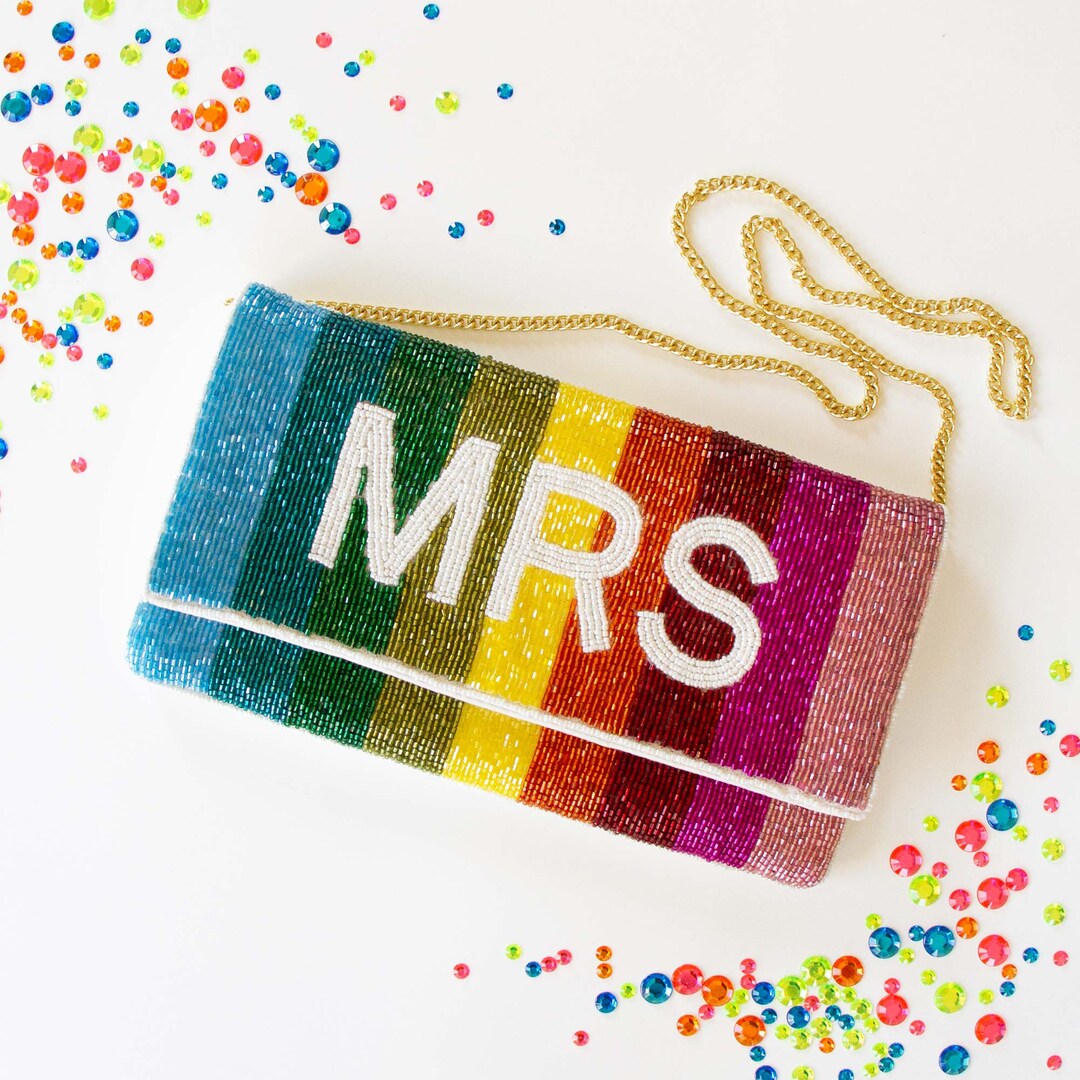Mrs. Bridal Clutch Bag, Clutch Purse for Bride, Rainbow Mrs. Clutch Bag, Rainbow Mrs. Clutch
