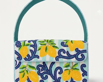 Perlen Schultertasche, Zitrone Geldbörse, Amalfiküste Tasche, Italienische Themed Handtasche, Sommerhandtasche, Zitronendruck Taschen, Perlen Handgemachte Kupplung Geldbörsen
