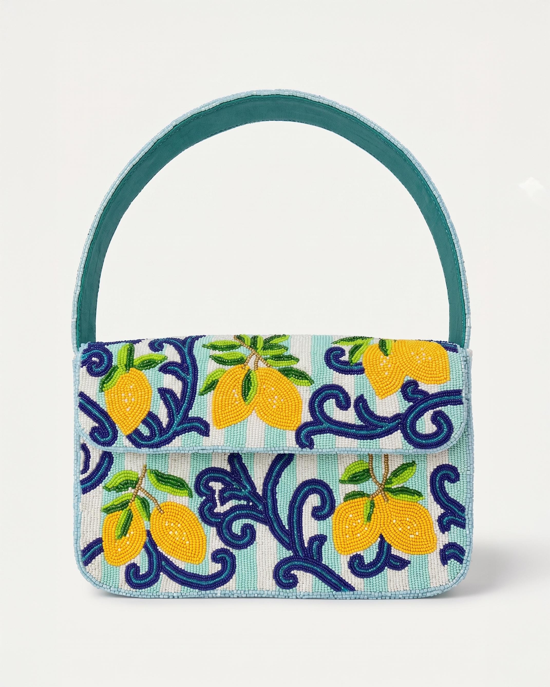 レモンのビーズ刺繍のショルダーバッグ(beaded bag) Beaded Shoulder Bag, Lemon Purse, Amalfi Coast Bag, Italian Themed