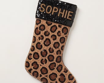 Personalized Beaded Christmas Stocking with Name, Leopard Print Hand Beaded Stocking with Black Sequin Cuff, Custom Holiday Mantel Decor