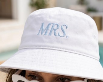 Mrs Embroidered Bucket Hat Blue Thread White Bridal Hat Newlywed Gift Future Mrs Wedding Accessory Honeymoon Sun Hats for Brides To Be Gifts
