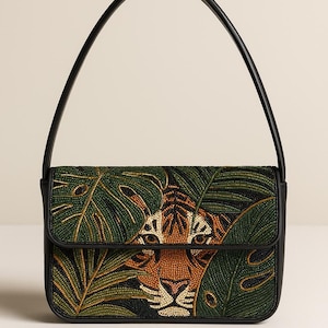 Beaded Shoulder Bags, Tiger Beaded Purse, Animal Print Clutch, Jungle Theme Bags, Handcrafted Purse, Custom Beaded Bag, Exotic Animal Purses Leaves + Tiger Face