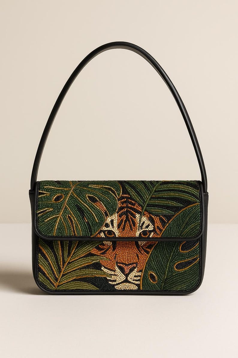 Beaded Shoulder Bags, Tiger Beaded Purse, Animal Print Clutch, Jungle Theme Bags, Handcrafted Purse, Custom Beaded Bag, Exotic Animal Purses Leaves + Tiger Face