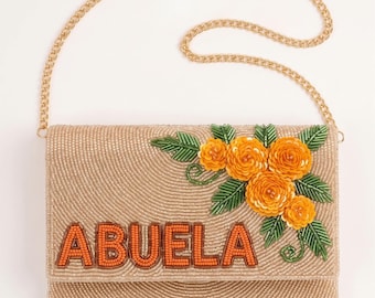 Custom Abuela Beaded Clutch Purse, Personalized Marigold Floral Evening Bag, Mexican Wedding Gift for Grandmother, Hand Beaded Bag