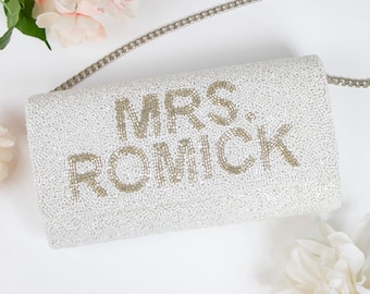 Custom Silver Mrs. Last Name Clutch, Bridal Beaded Clutch Bag, Personalized Seed Bead Clutch Bag, Wedding Clutch, Bachelorette Clutch - FOG