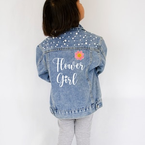 Blue Pearl Flower Girl Jacket, Flower Jean Jacket, Flower Girl Jackets, Personalized Wedding Denim Jacket, Custom Kid's Pearl Denim Jacket