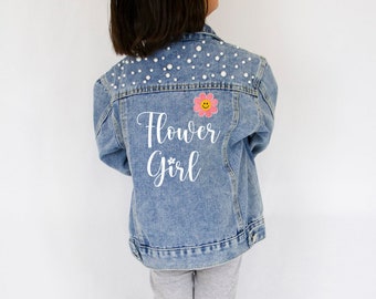 Blue Pearl Flower Girl Jacket, Flower Jean Jacket, Flower Girl Jackets, Personalized Wedding Denim Jacket, Custom Kid's Pearl Denim Jacket