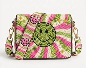 Beaded Smiley Bag, Smiley Face Purse, Retro Handbag, Y2K Purse, Colorful Clutch, Festival Bag, Happy Face Purse, Cute Crossbody, Trendy Bags