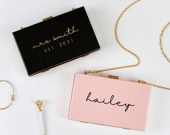 Mrs Purse, Bride Clutch Purse for Wedding, Bridal Clutch, Custom Gift for Bride to Be, Personalized Wedding Gift for Bride, Acrylic Box Bag