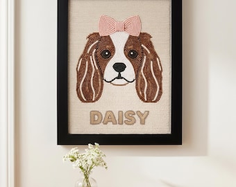 Personalized Cavalier King Charles Spaniel Framed Beaded Wall Art, Custom Hand Beaded Dog Portrait with Name, Pet Memorial Gift