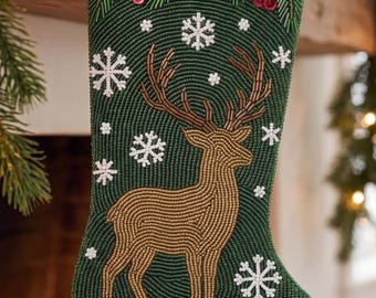 Personalized Beaded Christmas Stocking with Name, Woodland Deer Stag Heirloom Holiday Mantle Decor, Forest Green Hand Beaded