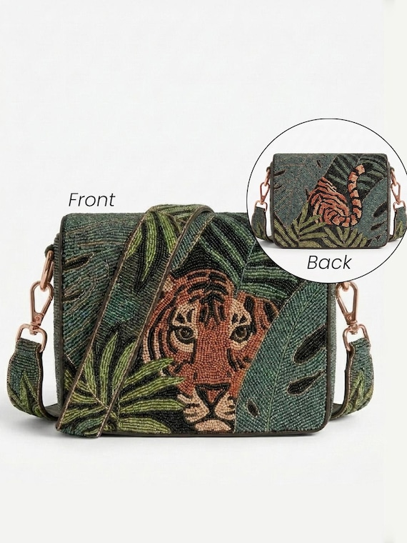 Beaded Tiger Shoulder Bag, Jungle Beaded Purse, Tiger Crossbody Bag, Hand Beaded Shoulder Bag, Tropical Tiger Purses, D Ring Shoulder Purses