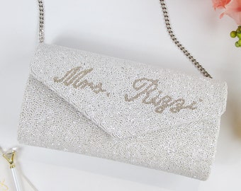 Custom Envelope Bridal Clutch Bag, Mrs Seed Bead Clutch Purse, Beaded Clutch Bag, Personalized Beaded Clutch Bag, Custom Wedding Purse - ENV