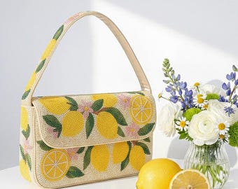 Zitronen Schultertasche, Zitronen Design Portemonnaie, Zitrus Perlen Tasche, Tropischer Sommer Beutel, Handgemachte Zitronen Tasche, Handwerker Luxus Clutch