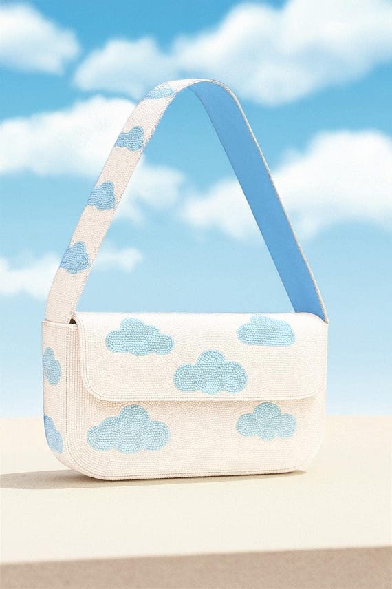 White Cloud Purse, Beaded Shoulder Bags, Blue Cloud Purse, Handmade Beaded Bag, Cloud Theme Purse, Beaded White Bags, Whimsical Cloud Purses