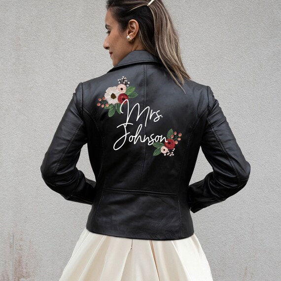 Black floral leather jacket deals