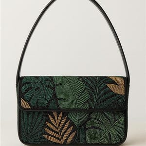 Beaded Shoulder Bags, Tiger Beaded Purse, Animal Print Clutch, Jungle Theme Bags, Handcrafted Purse, Custom Beaded Bag, Exotic Animal Purses Tropical Leaves