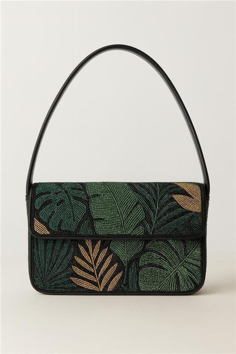 Beaded Shoulder Bags, Tiger Beaded Purse, Animal Print Clutch, Jungle Theme Bags, Handcrafted Purse, Custom Beaded Bag, Exotic Animal Purses Tropical Leaves