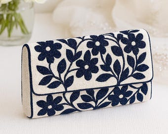 Floral Beaded Clutch, Navy Flower Purse, Handmade Bridal Bag, Beaded Wedding Clutch, Romantic Wedding Purses, Bridesmaid Floral Purses - FOG