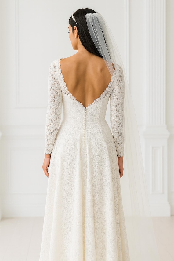knee length dresses for ladies Vintage Flower Lace High Neck Sleeved Wedding Dress main image 1