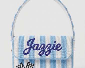 Personalized Blue Racing Beaded Shoulder Bag, Custom Name Purse, Checkered Flag Handbag, Motorsport Gift, Formula Race Day Bag for Race Fans