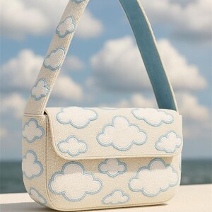 White Cloud Purse, Beaded Shoulder Bags, Blue Cloud Purse, Handmade Beaded Bag, Cloud Theme Purse, Beaded White Bags, Whimsical Cloud Purses Blue Outlined Cloud