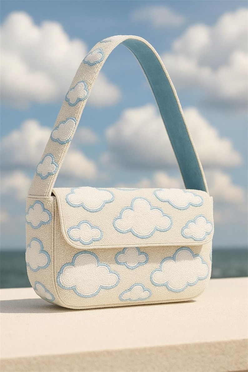 White Cloud Purse, Beaded Shoulder Bags, Blue Cloud Purse, Handmade Beaded Bag, Cloud Theme Purse, Beaded White Bags, Whimsical Cloud Purses Blue Outlined Cloud