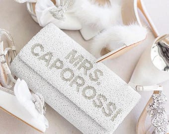 Custom Bride Purse Seed Bead Clutch Bag, Custom Mrs Clutch Purse, Custom Wedding Clutch Bag, Personalized Beaded Clutch, Wedding Clutch Bag