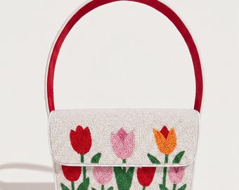 Bolsa de ombro com flores e miçangas, bolsa tulipa com miçangas, bolsa floral, bolsa boho chic, bolsa de ombro para a primavera, bolsa com miçangas, bolsa artesanal, bolsas com miçangas
