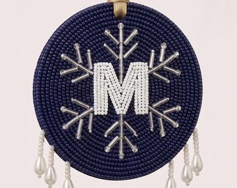 Personalized Beaded Christmas Ornament, Monogram Snowflake Holiday Keepsake, Custom Initial and Year Beaded Tree Decor with Pearl Drops