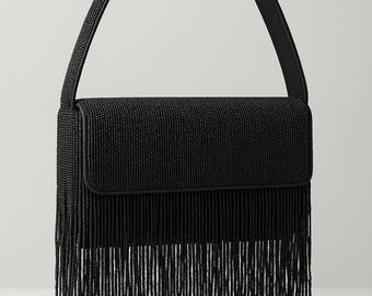 Sac noir perlé à franges, sac à main de soirée noir, pochette ornée de perles noires, sac à main de soirée noir, sac de soirée à franges, cadeau sac à main noir orné de perles