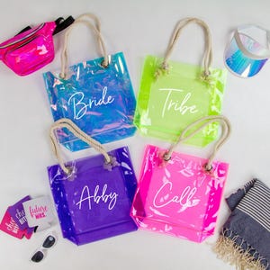 Electric Love Theme Bachelorette Tote, Retro Clear Totes, Bachelorette Gefälligkeiten, Brautjungfer Geschenke, Strand Bachelorette Taschen, Strand Bachelorette