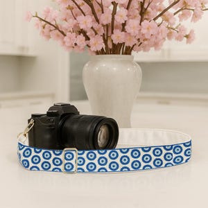 Camera Strap, Blue Patterned Strap, Photography Accessories, Adjustable Camera Straps, Blue Strap with Gold Hardware, Designer Camera Straps