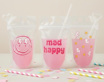 Festivaldrankzakje, gepersonaliseerd drankzakje, aangepast drankzakje, hervulbare drankzakjes, smileyzakjes, zakjes voor feestdrankjes, gepersonaliseerde feestdrankzakjes